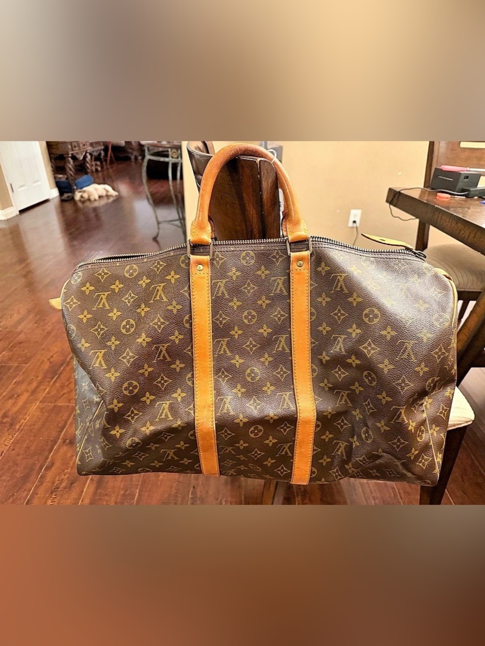 Authentic Louis Vuitton Keepall 60 Monogram Travel Bag in Brown & Tan